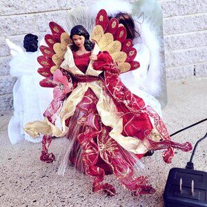 Christmas Fiberoptic Black Angel Tree Topper Irridescent Gold & Maroon Gown Doll